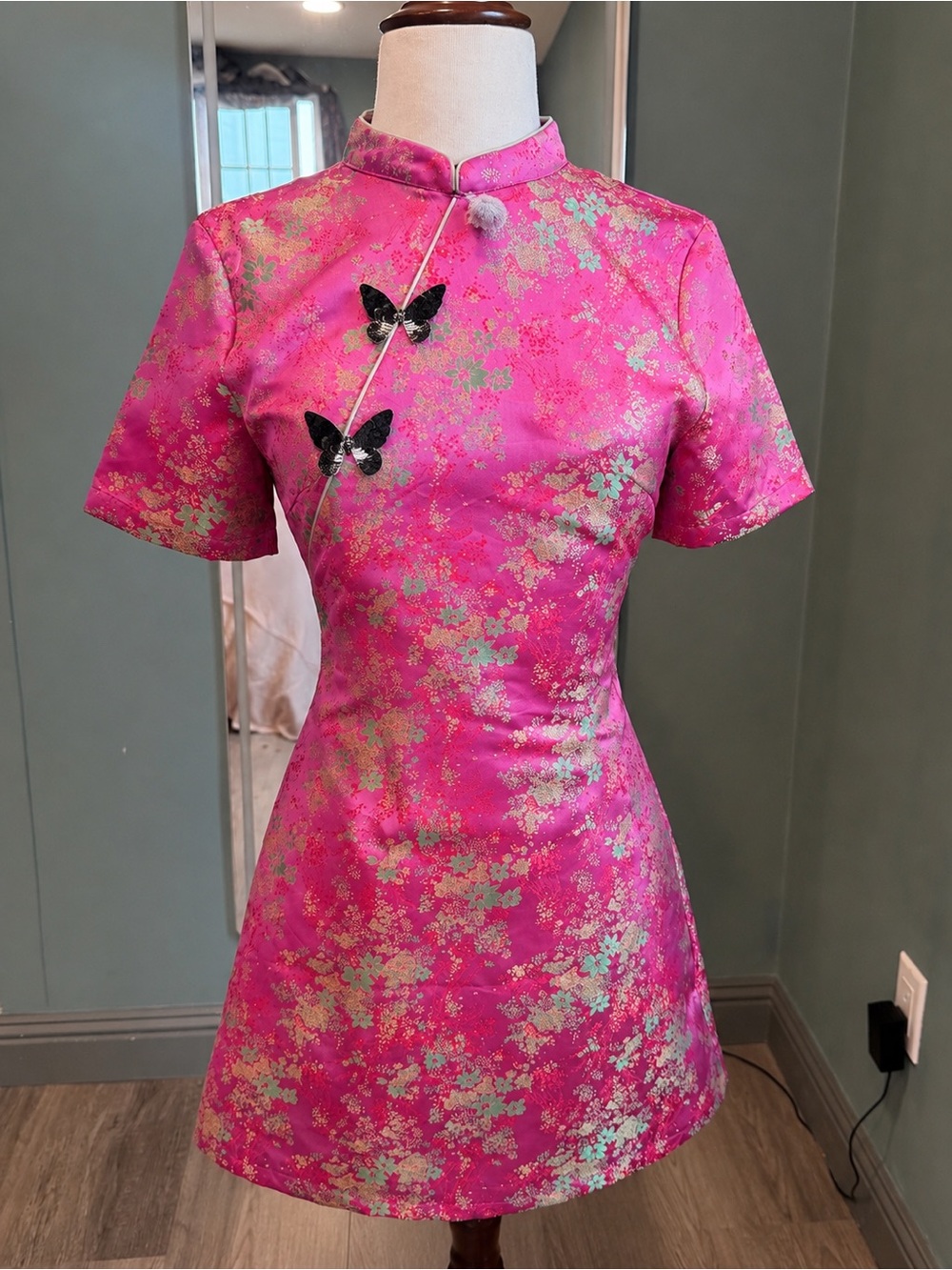 Vintage Pink Silk Blend Cheongsam Mini Dress Brocade Floral S
